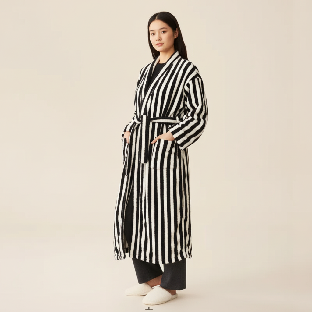 Knee length striped robe and pants set with plush warm finish