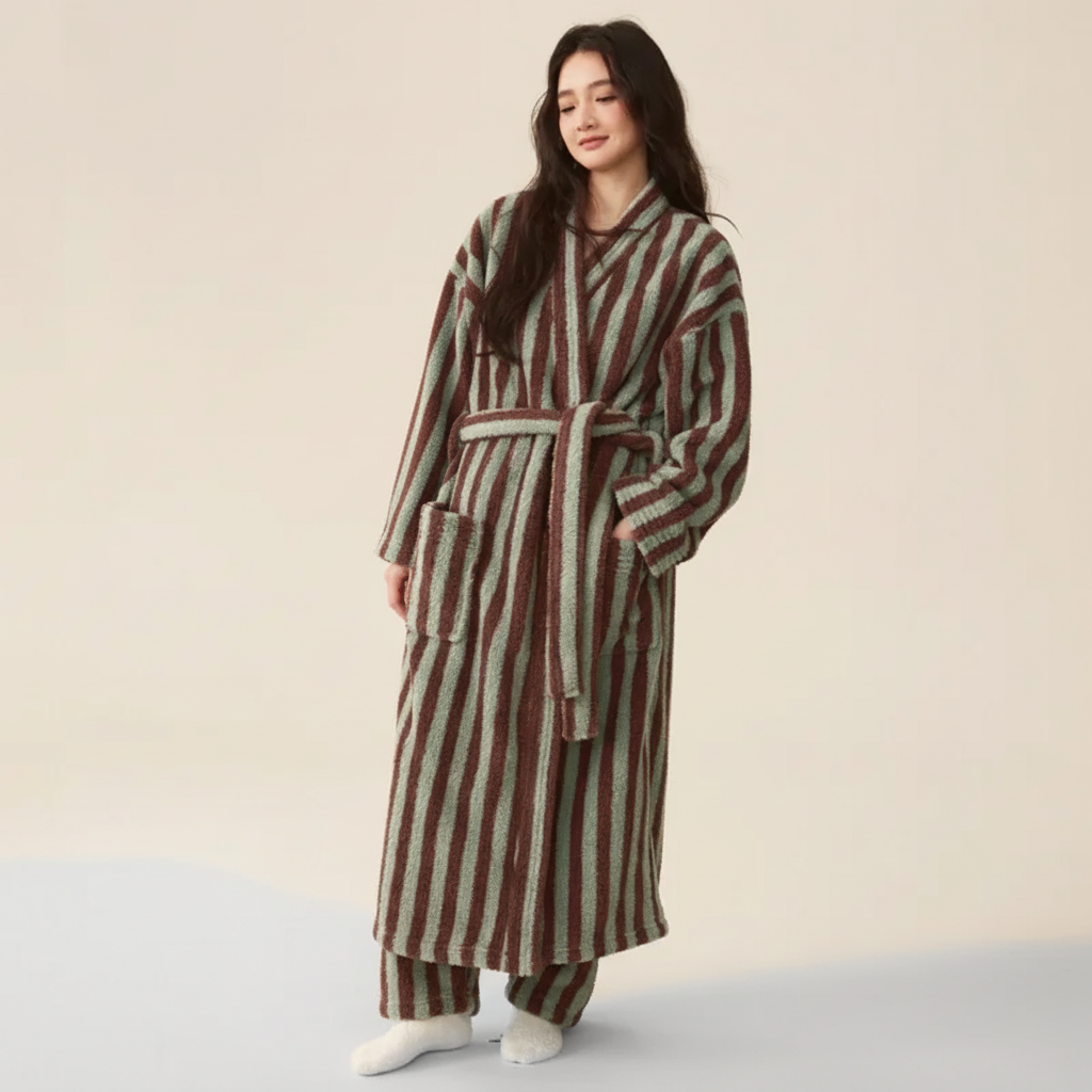 Knee length striped robe and pants set with plush warm finish