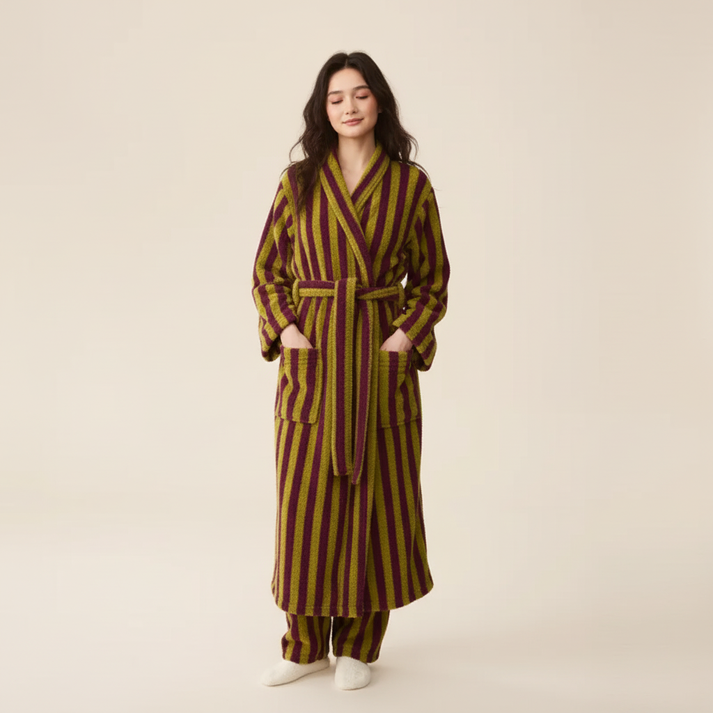 Knee length striped robe and pants set with plush warm finish