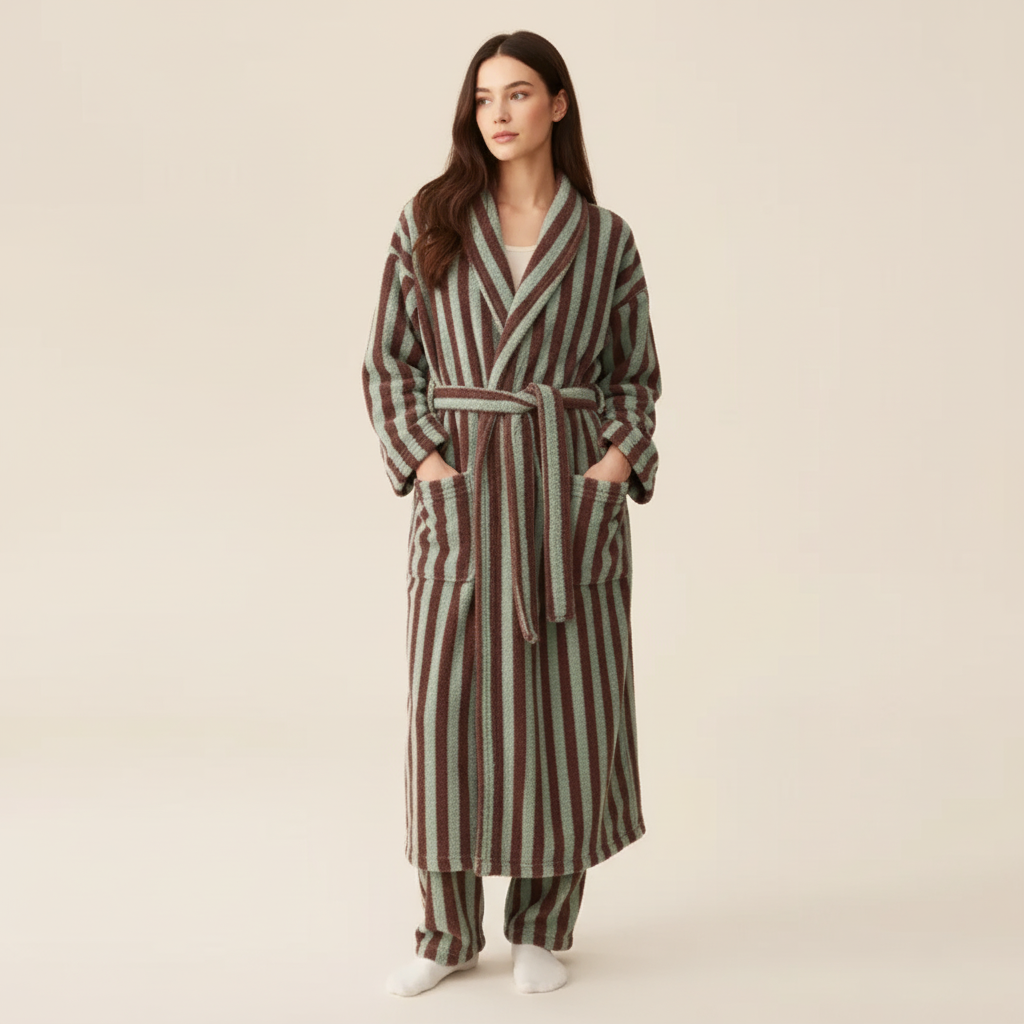 Knee length striped robe and pants set with plush warm finish
