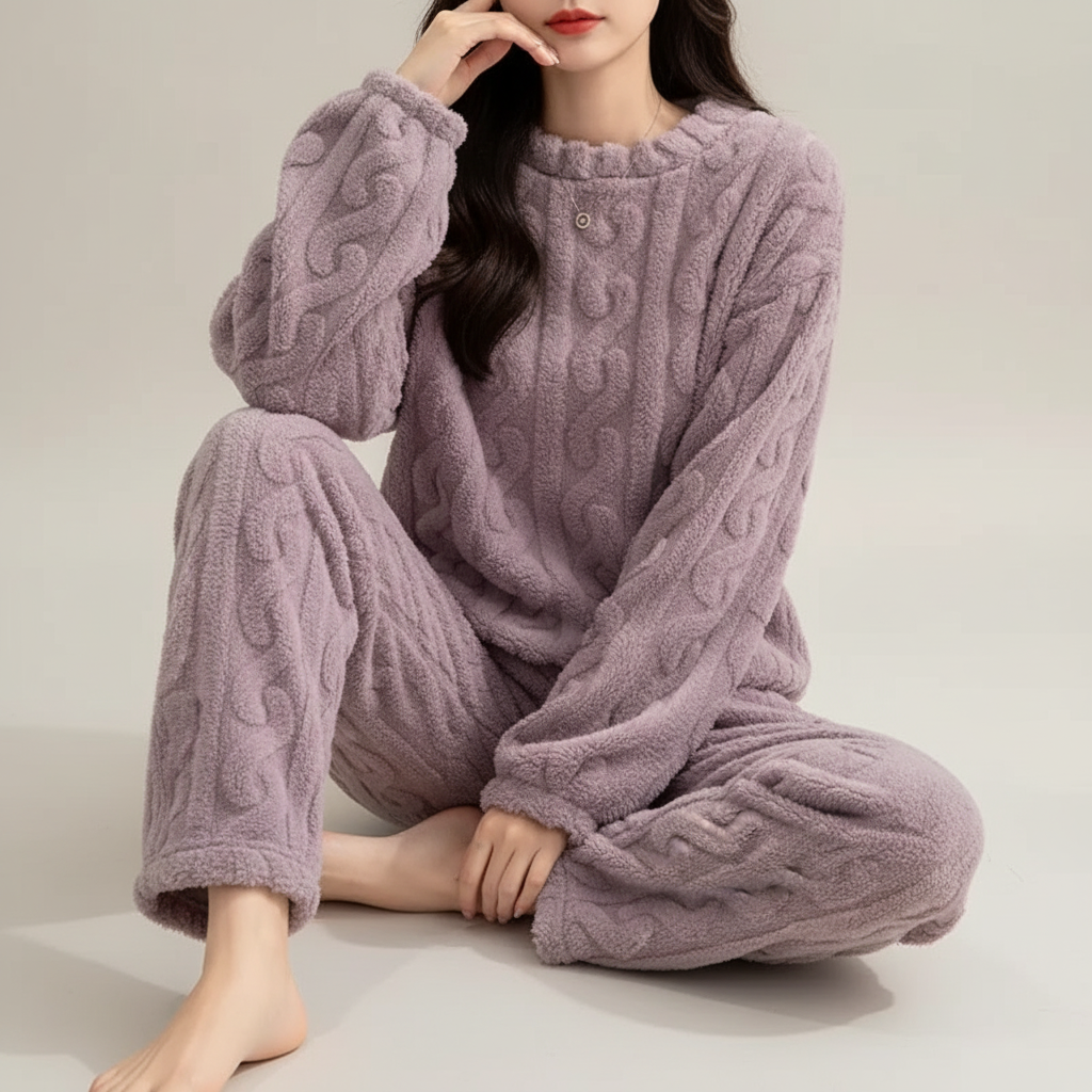 Women's plush pyjama set with long sleeves and ankle pants