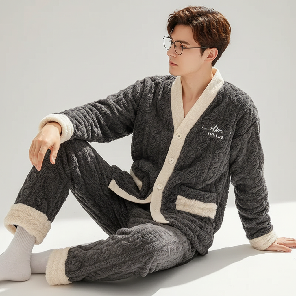 Men's thick plush pyjama set with warm insulation and V-neck button front