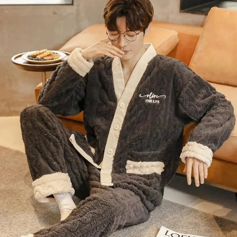 Men's thick plush pyjama set with warm insulation and V-neck button front