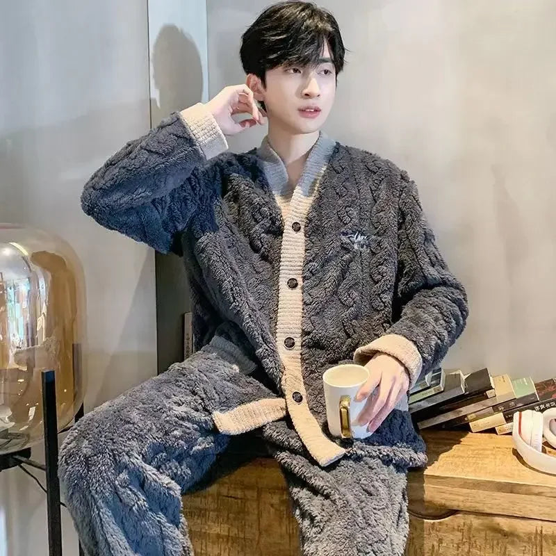 Men's thick plush pyjama set with warm insulation and V-neck button front