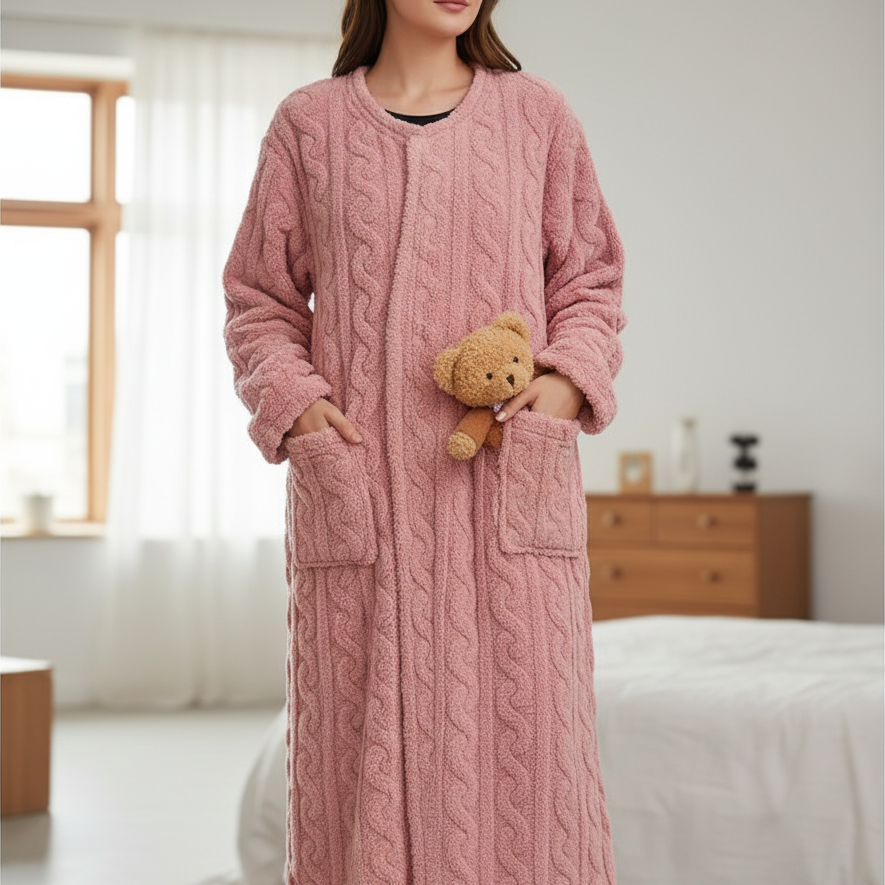 Long cosy women's robe with warm plush fabric and full sleeves