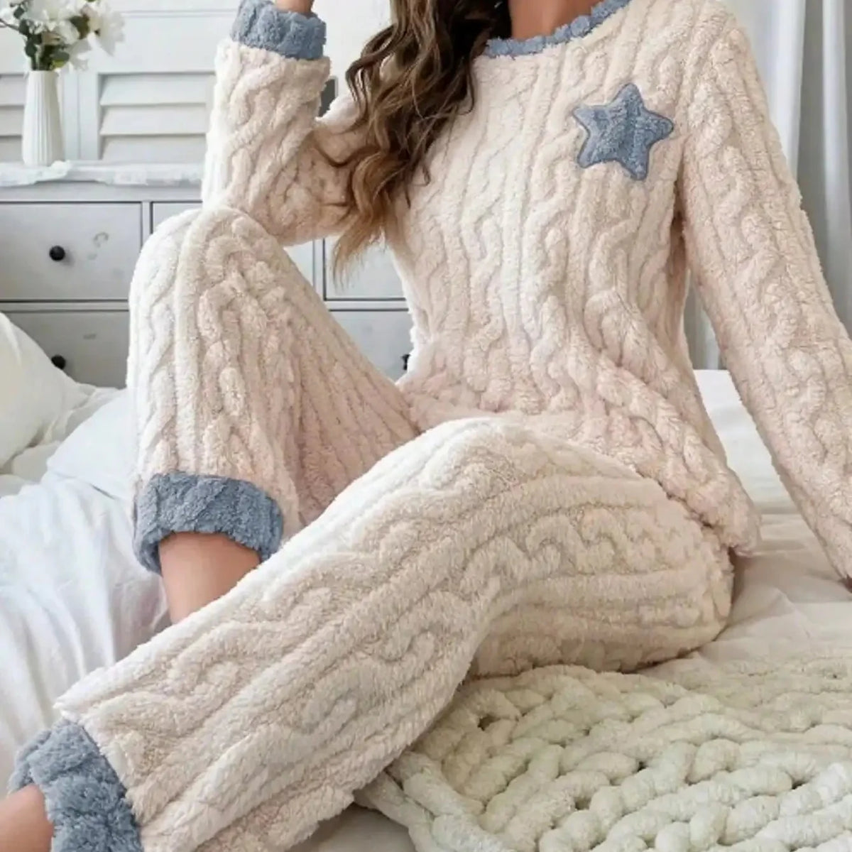 Two piece pyjama set with embroidered star detail and elastic waist