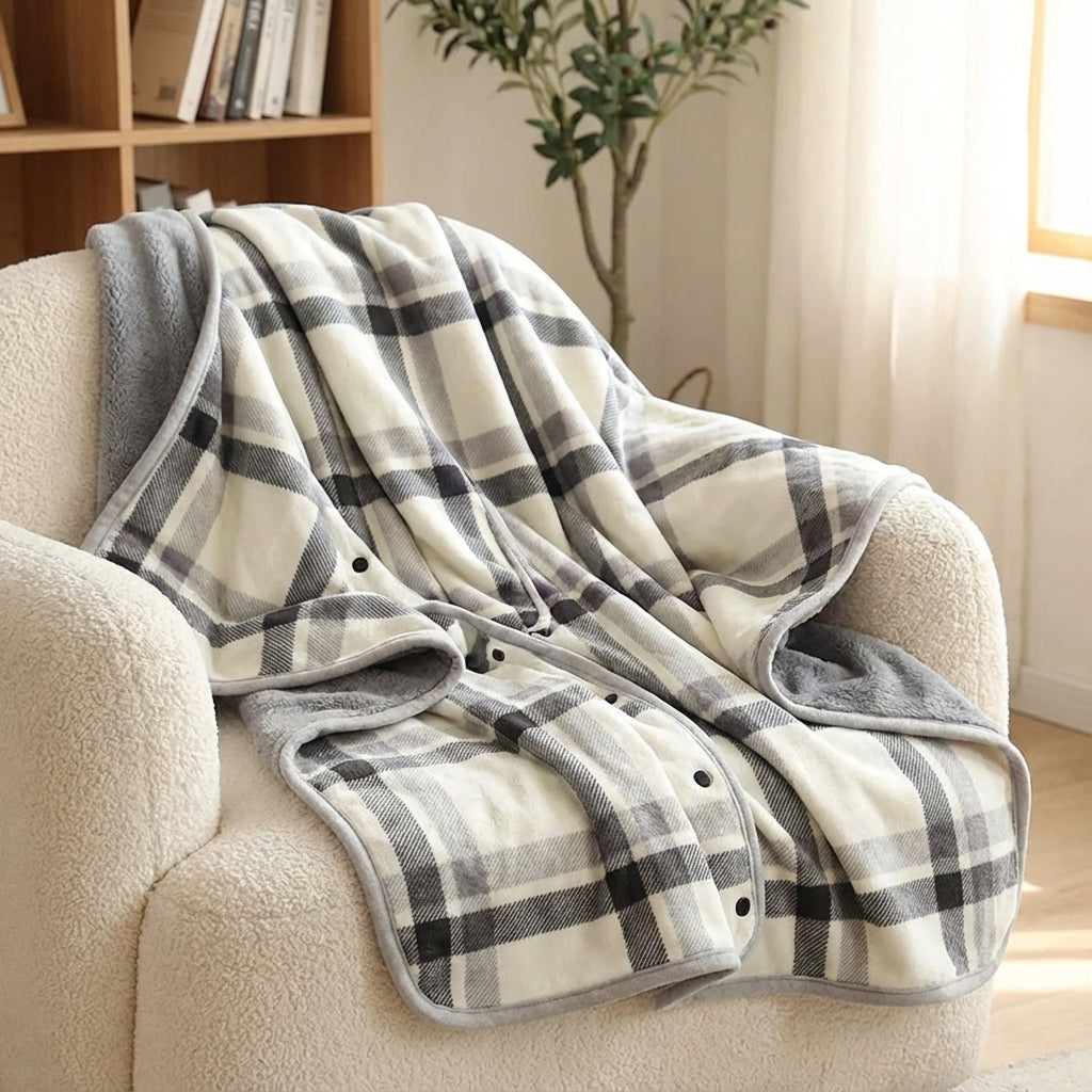 Portable shoulder wrap blanket with checked pattern warm fluffy