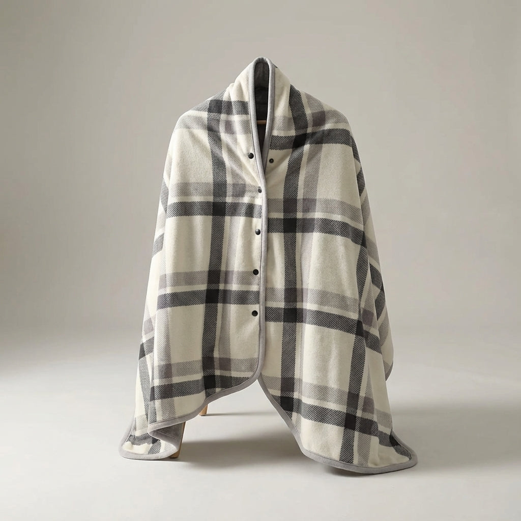 Portable shoulder wrap blanket with checked pattern warm fluffy