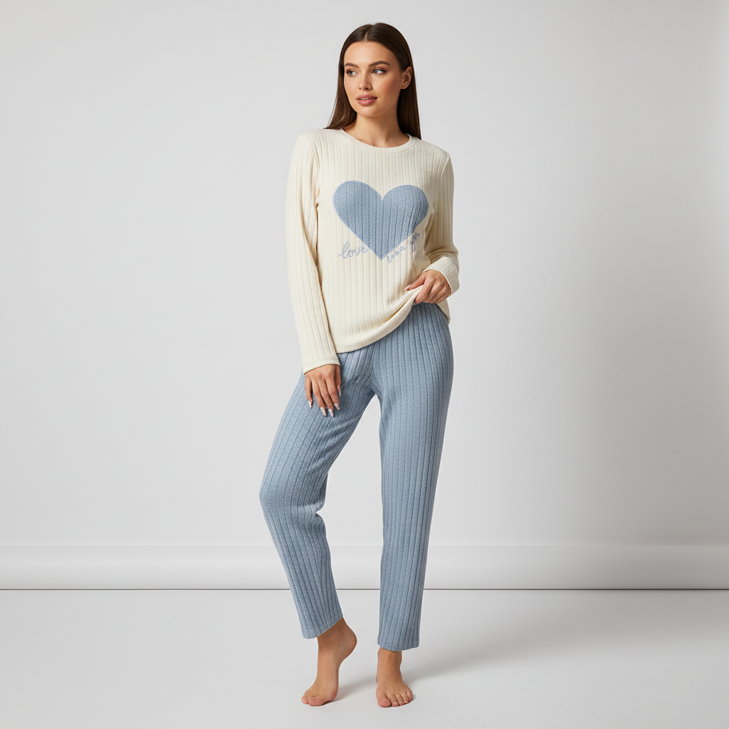 Women's heart print pyjama set with long sleeves and ankle-length trousers