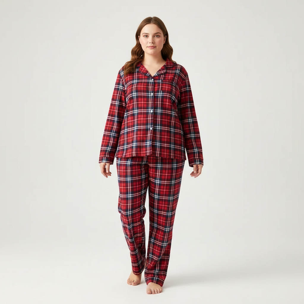 Women's plus-size plaid pyjama set with soft textured fabric