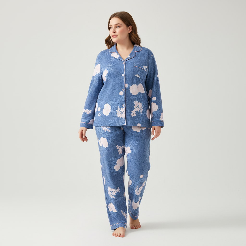 Women's plus-size plaid pyjama set with soft textured fabric