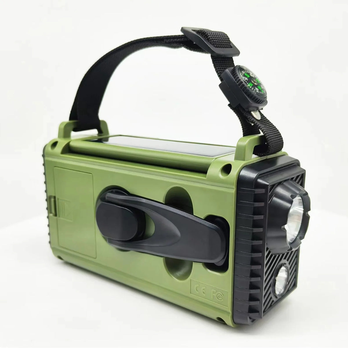 Hand crank solar emergency radio with power bank and flashlight