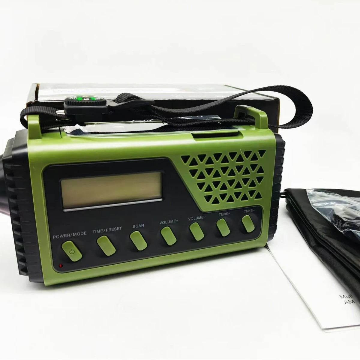 Hand crank solar emergency radio with power bank and flashlight