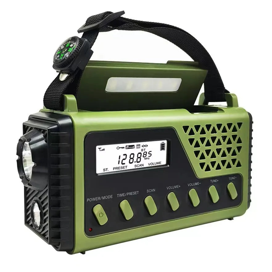 Hand crank solar emergency radio with power bank and flashlight