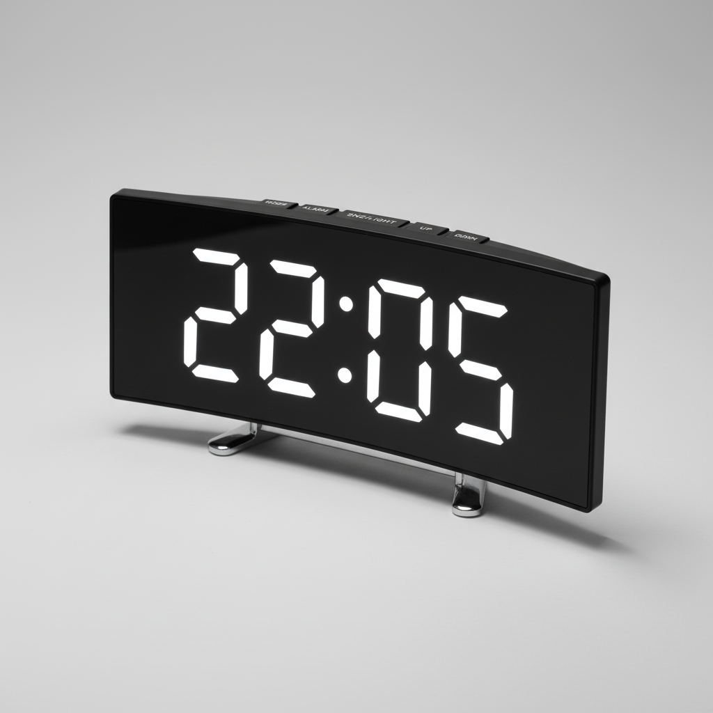 Curved LED alarm clock with mirror front and snooze function