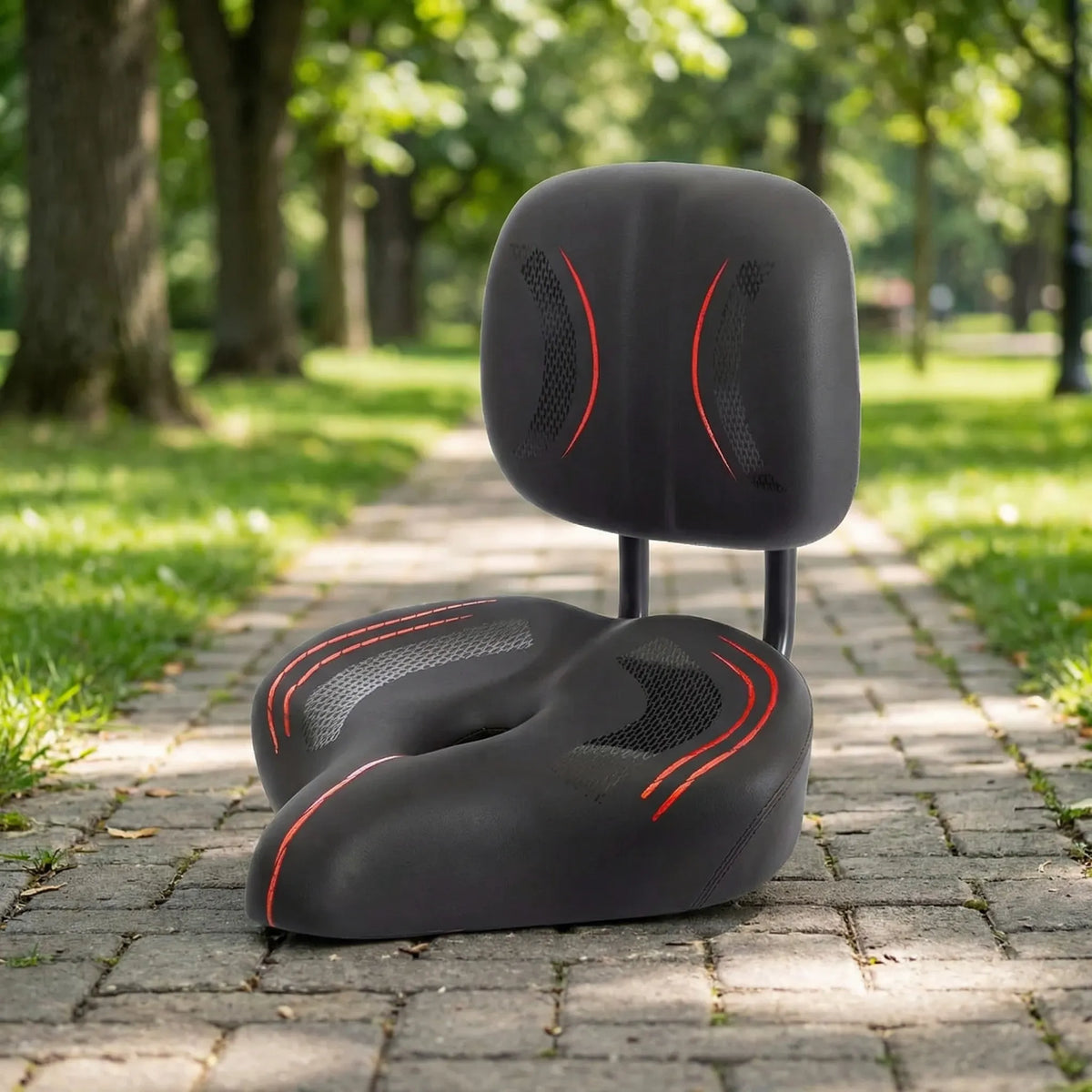 Oversized bike seat with wide seating surface and back support