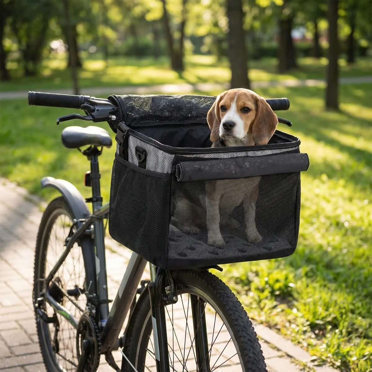 Collapsible bike front pet carrier with mesh panels and suspension