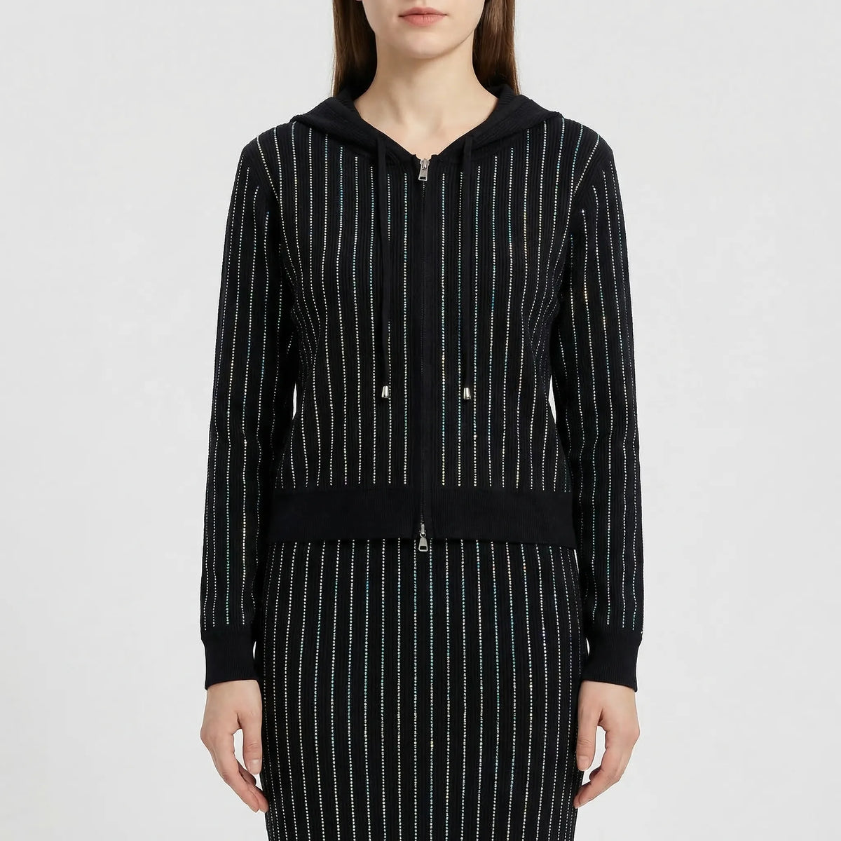 Women's knitted cardigan and wrap skirt co-ord set with diamond detail
