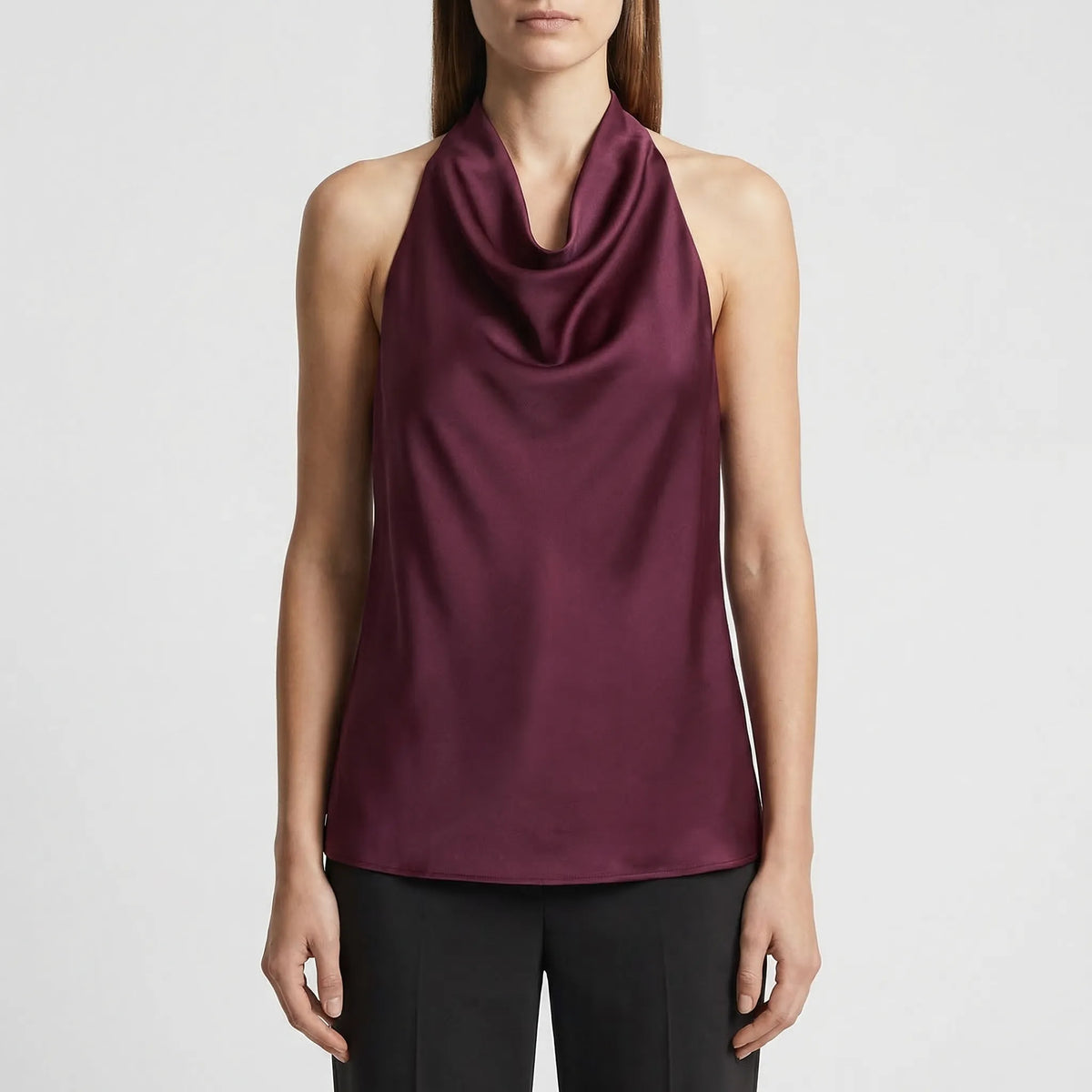 Backless halter camisole with draped cowl neckline and satin finish