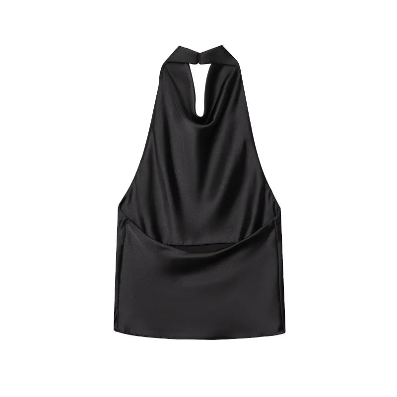 Backless halter camisole with draped cowl neckline and satin finish