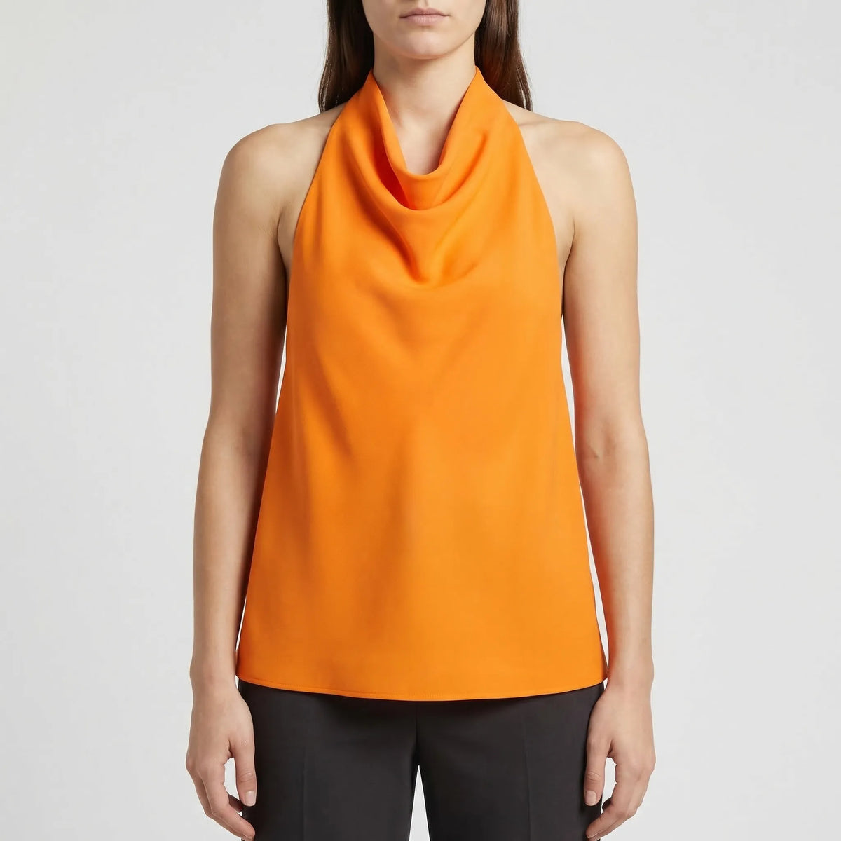 Backless halter camisole with draped cowl neckline and satin finish