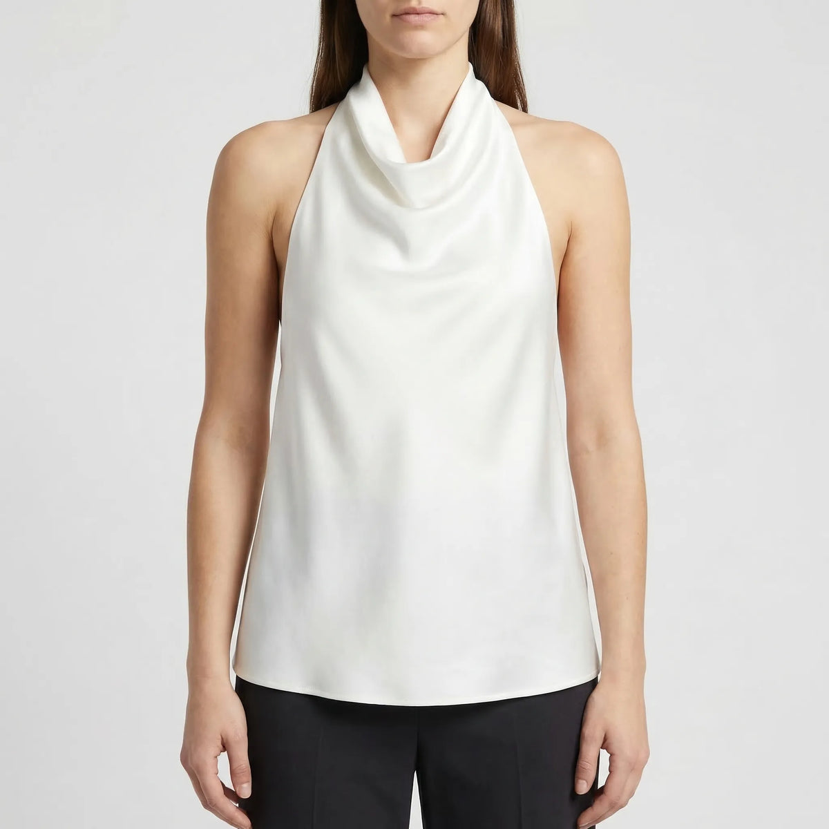 Backless halter camisole with draped cowl neckline and satin finish