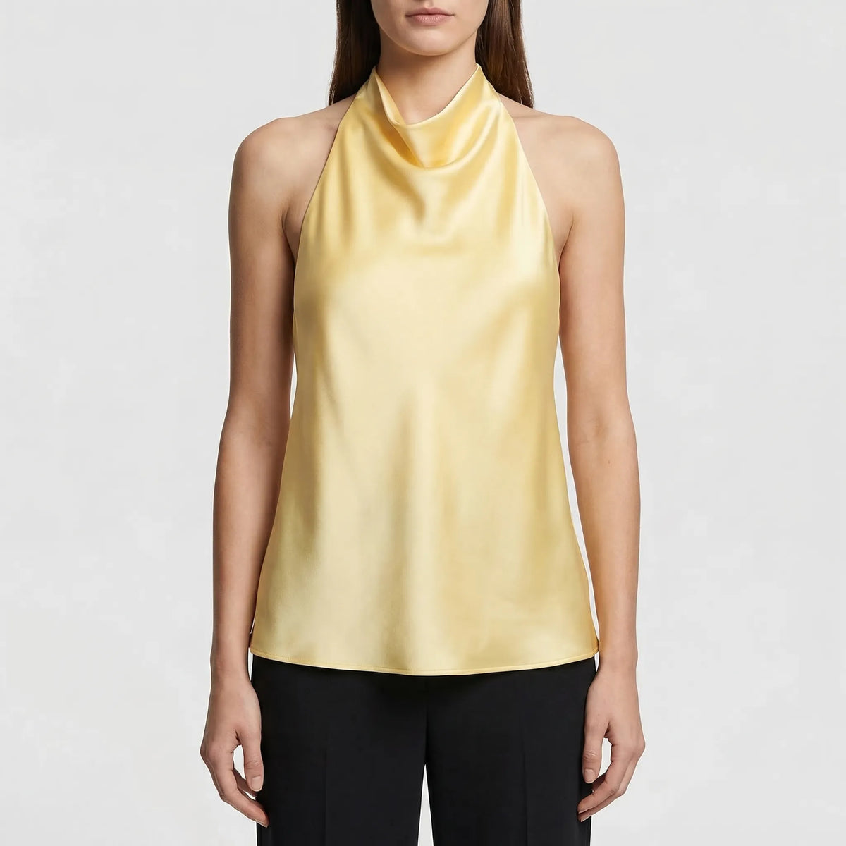 Backless halter camisole with draped cowl neckline and satin finish