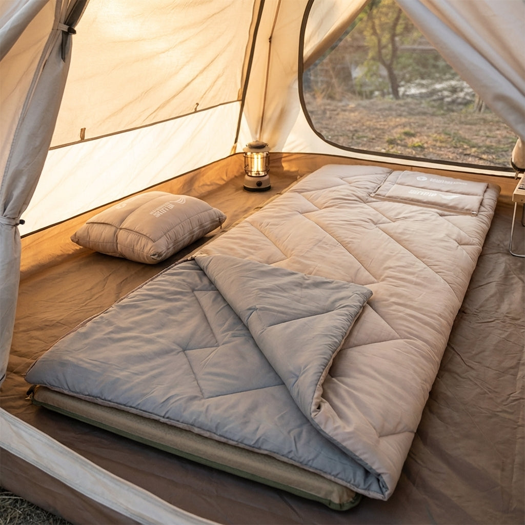Portable rectangular sleeping bag with pillow and blanket