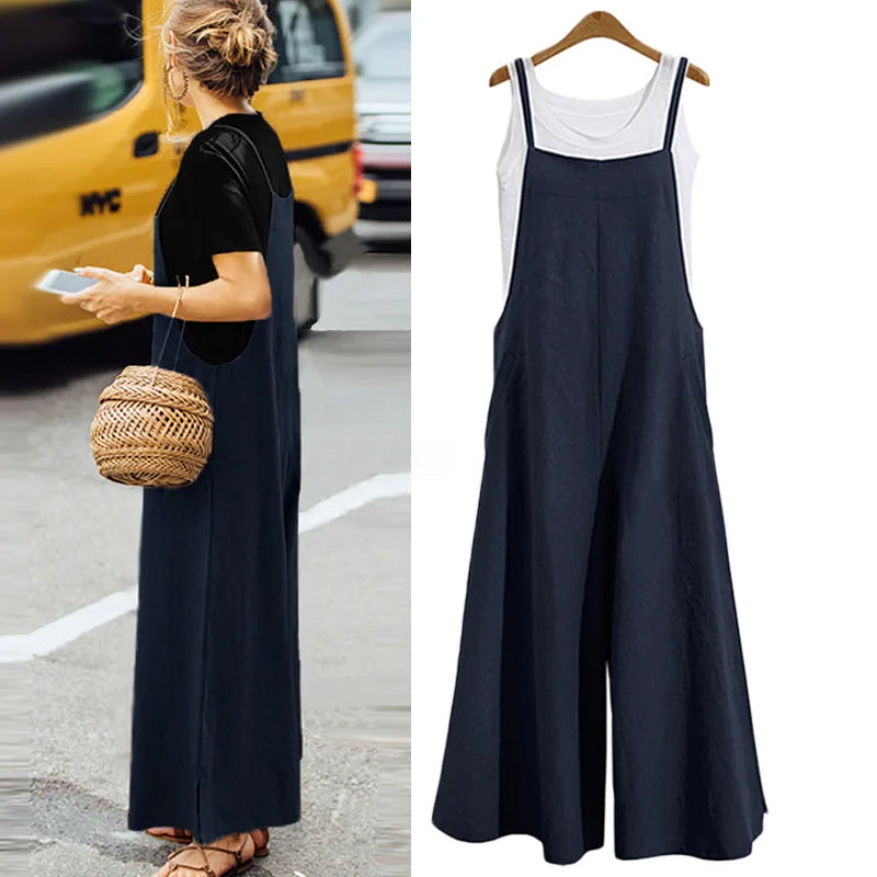 Women's sleeveless wide leg jumpsuit with dungaree front