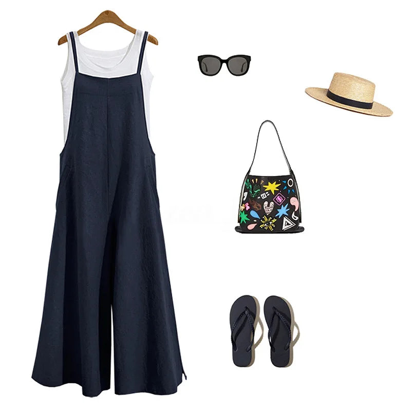 Women's sleeveless wide leg jumpsuit with dungaree front