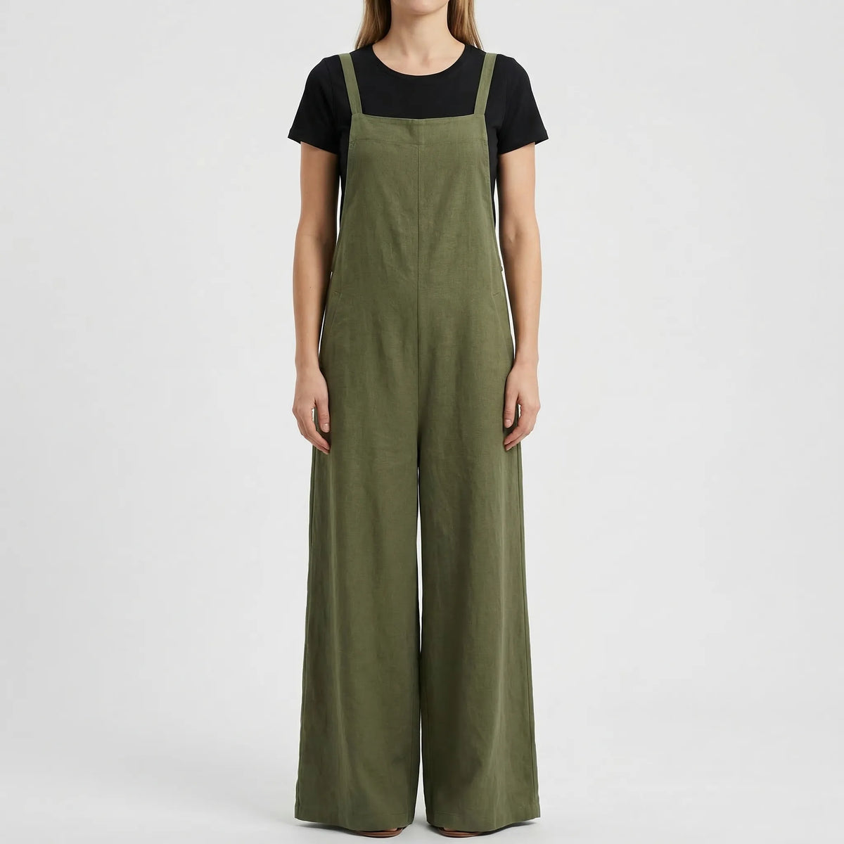 Women's sleeveless wide leg jumpsuit with dungaree front