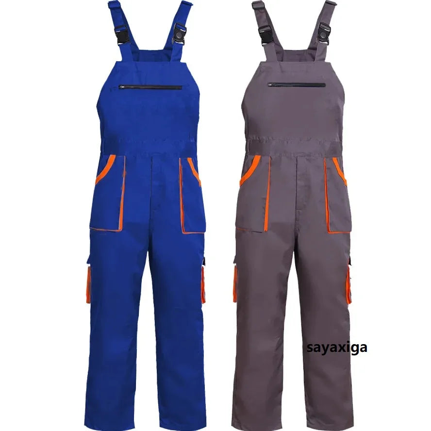 Sleeveless work overalls with bib front and cargo pockets canvas