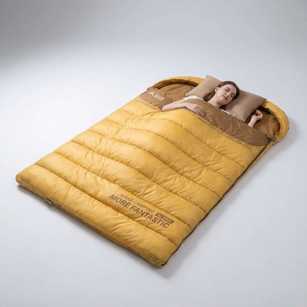 Two-person camping sleeping bag quilt style with breathable insulation