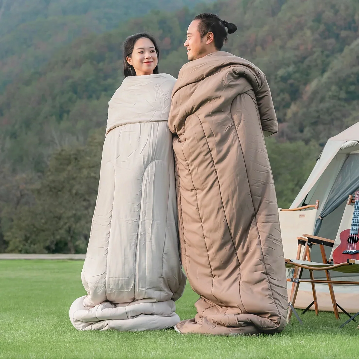 Convertible dual sleeping bag for couples camping in cold weather