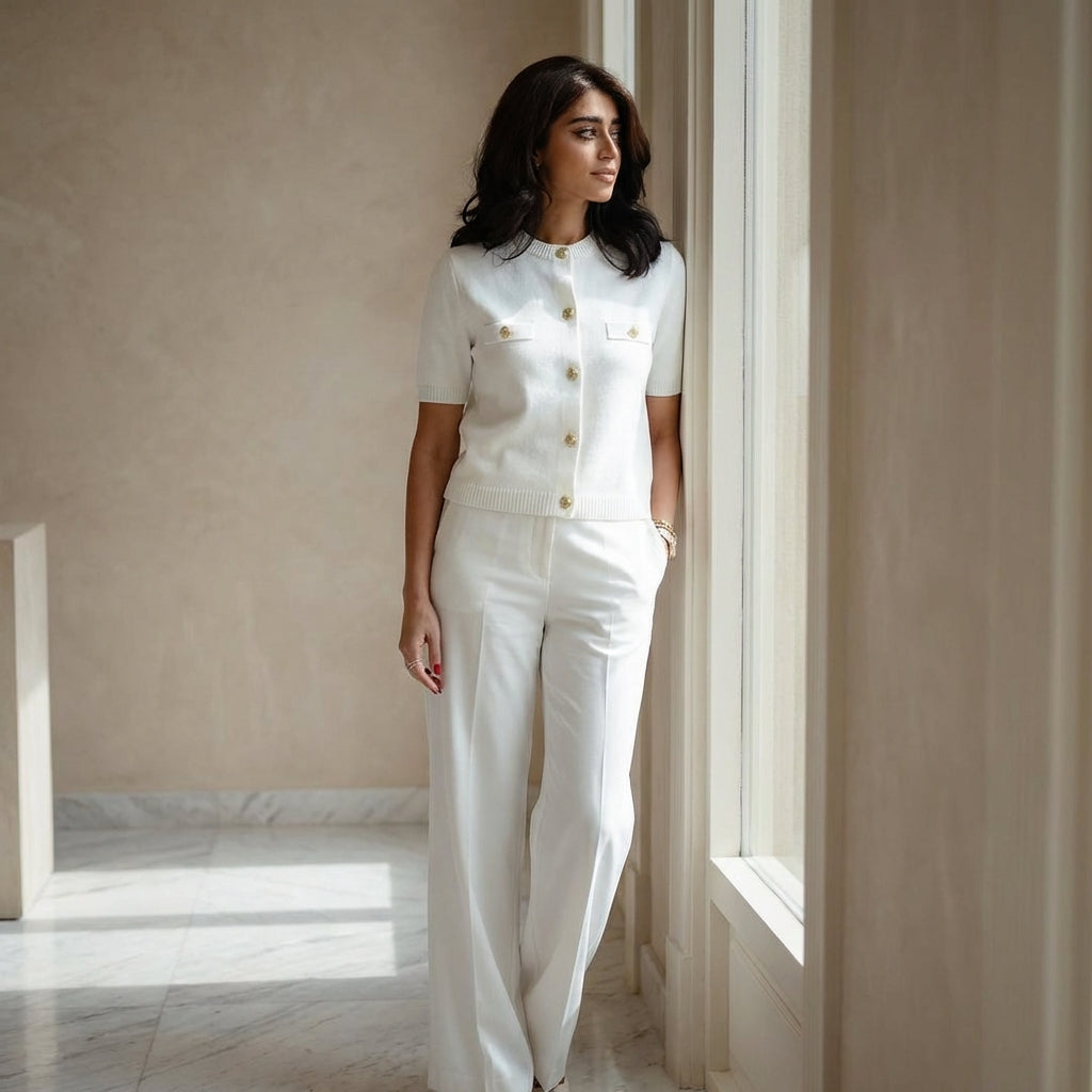 Short-sleeve crop cardigan with button detail and pocket accents