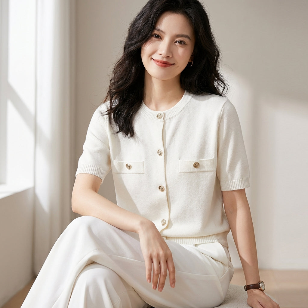 Short-sleeve crop cardigan with button detail and pocket accents