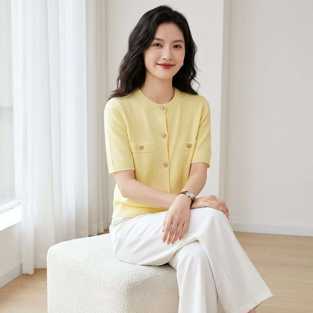 Short-sleeve crop cardigan with button detail and pocket accents