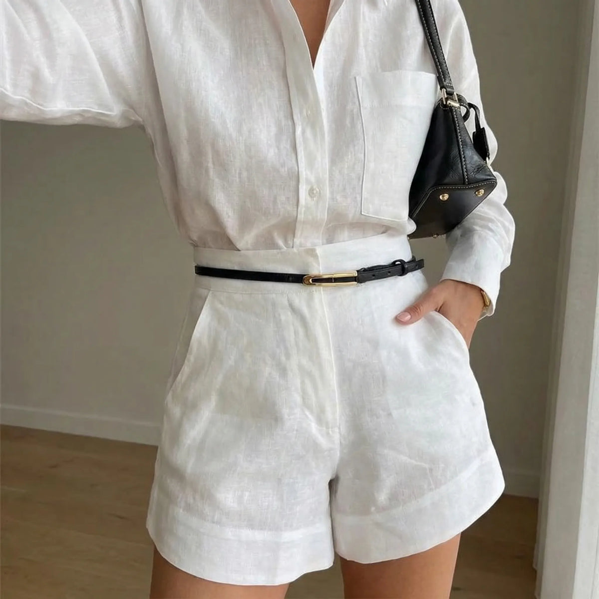 Women's casual long sleeve shirt and shorts set for summer