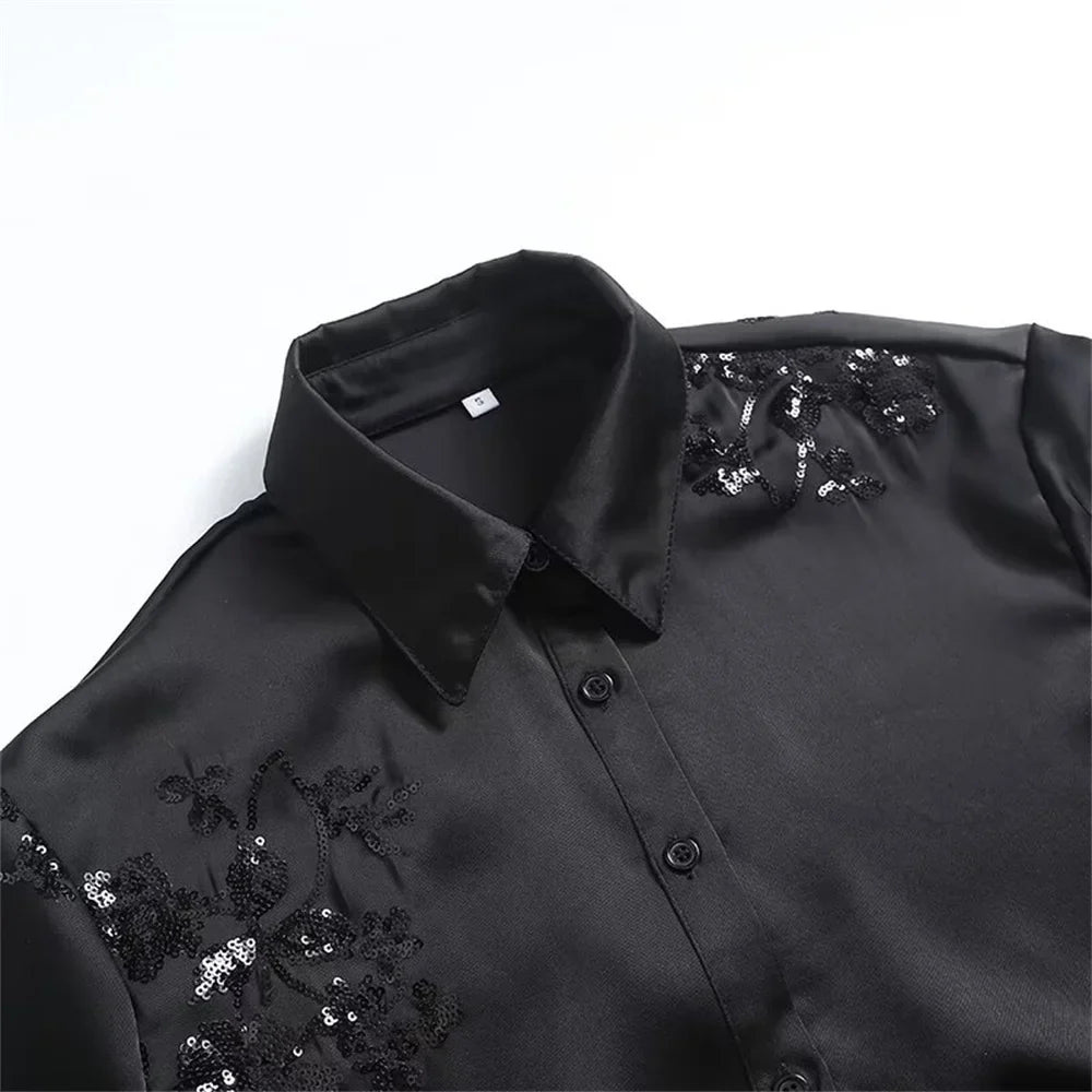 Embroidered sequin co-ord set with long-sleeve shirt and trousers