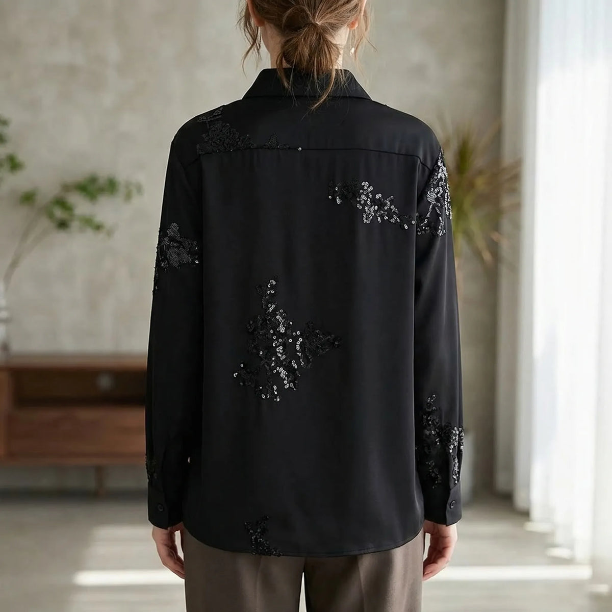 Embroidered sequin co-ord set with long-sleeve shirt and trousers