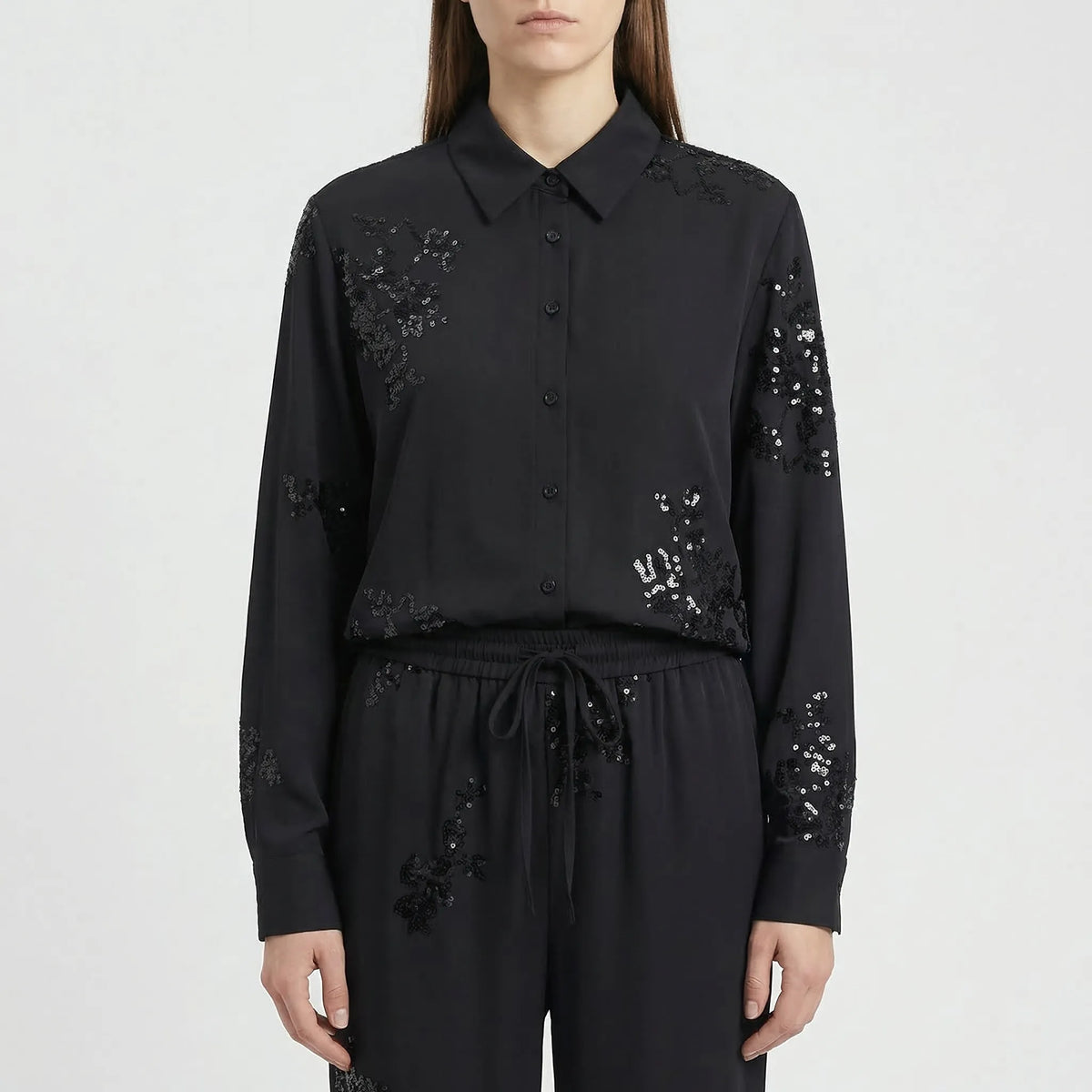Embroidered sequin co-ord set with long-sleeve shirt and trousers