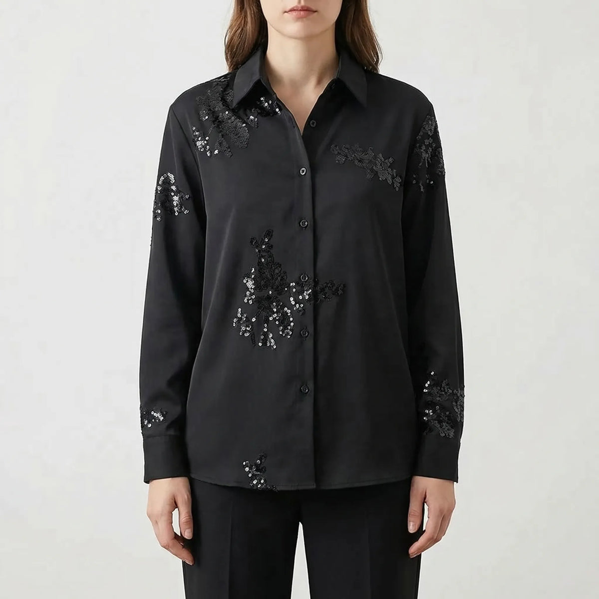 Embroidered sequin co-ord set with long-sleeve shirt and trousers