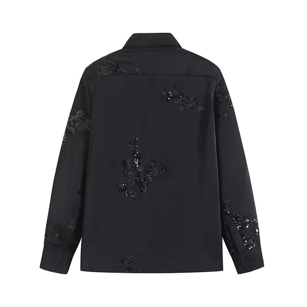 Embroidered sequin co-ord set with long-sleeve shirt and trousers