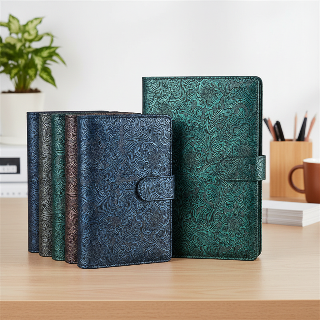 Vintage embossed planner cover with refillable ring binder system
