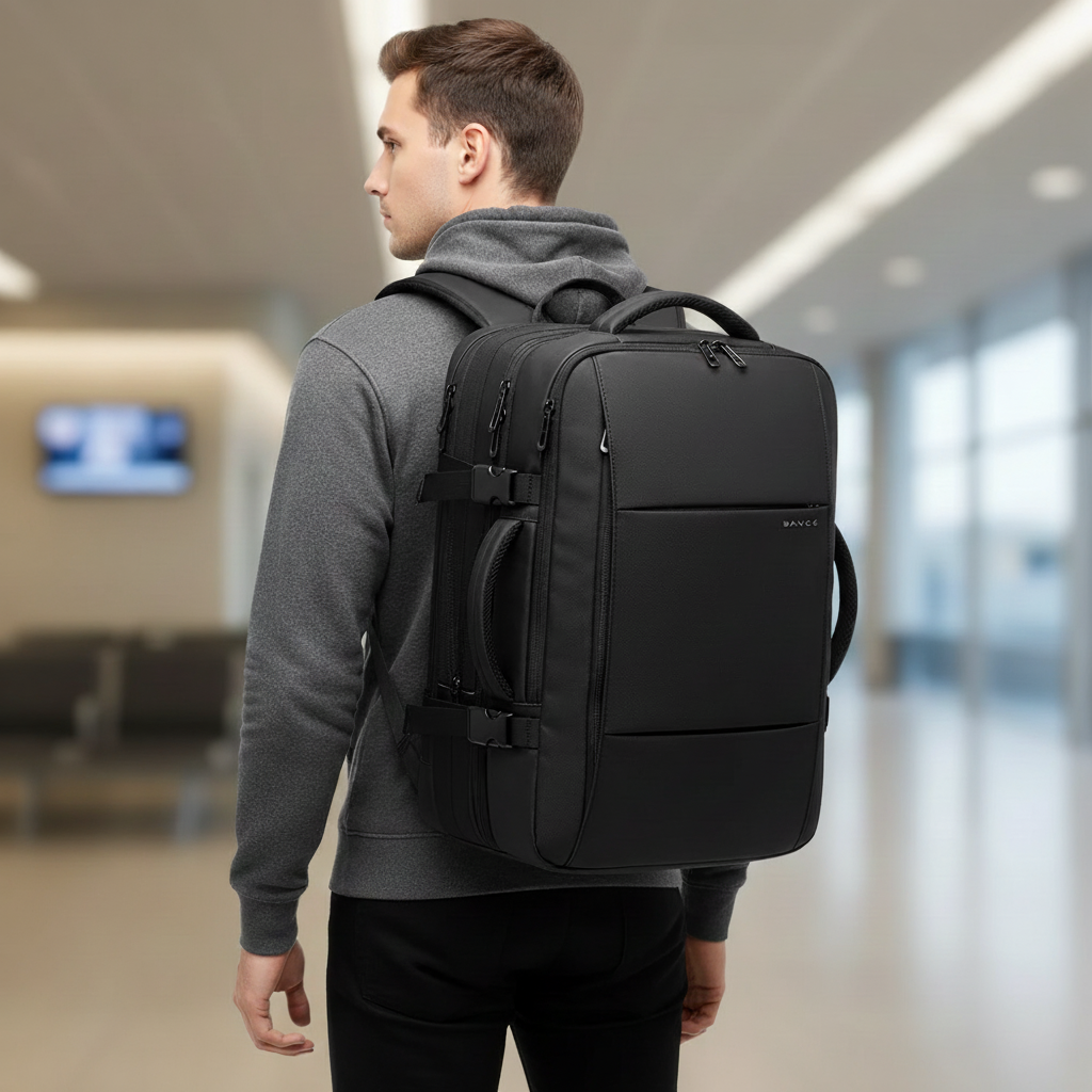 Expandable business backpack with padded laptop pocket and USB port