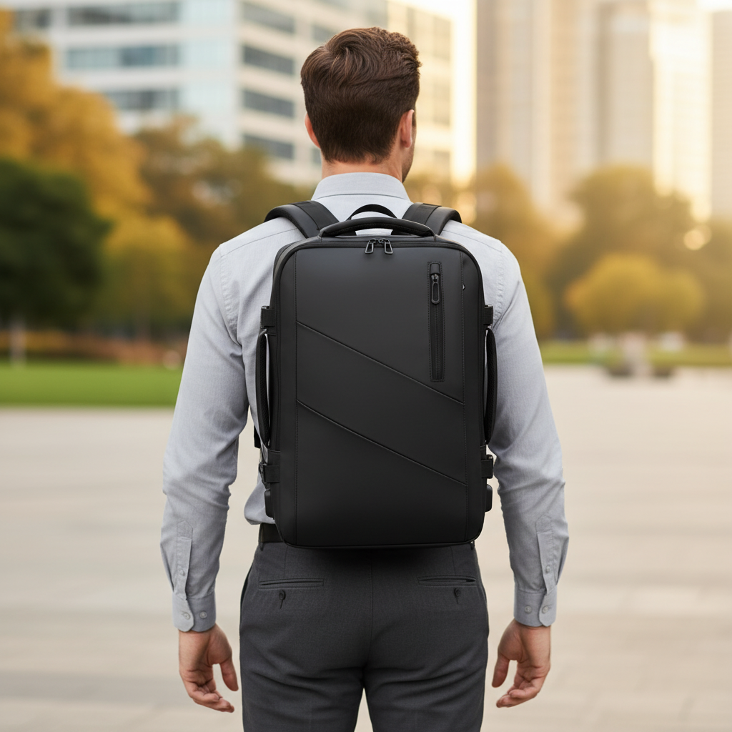 Expandable laptop backpack with USB charging port and organiser pockets