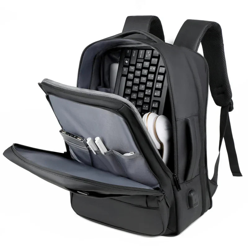 Expandable Oxford travel backpack with USB charging port and laptop compartment