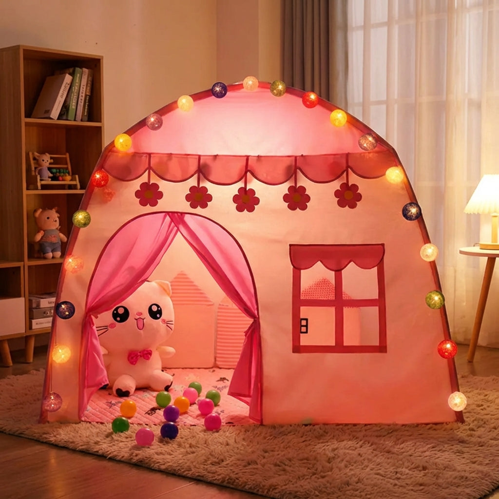 Foldable children's play tent with castle design and decorative lights
