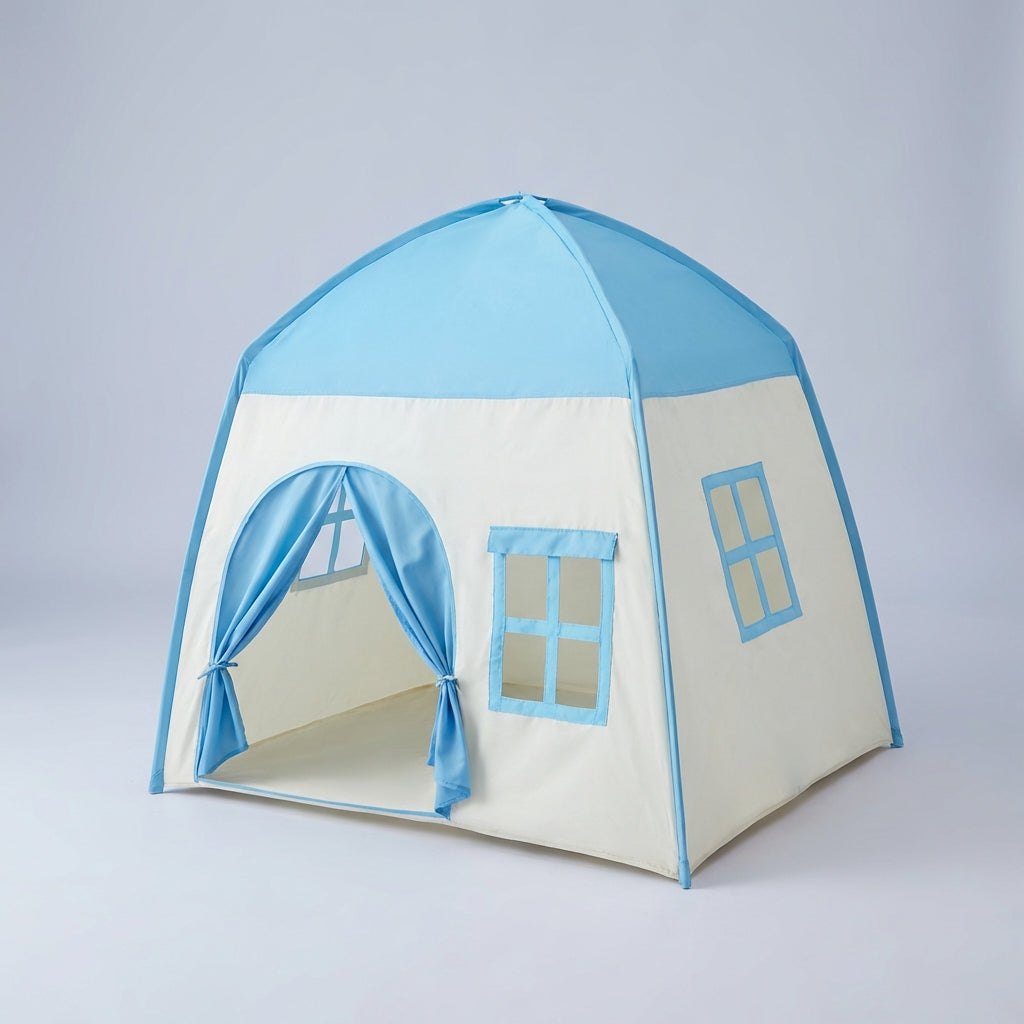 Foldable children's play tent with castle design and decorative lights