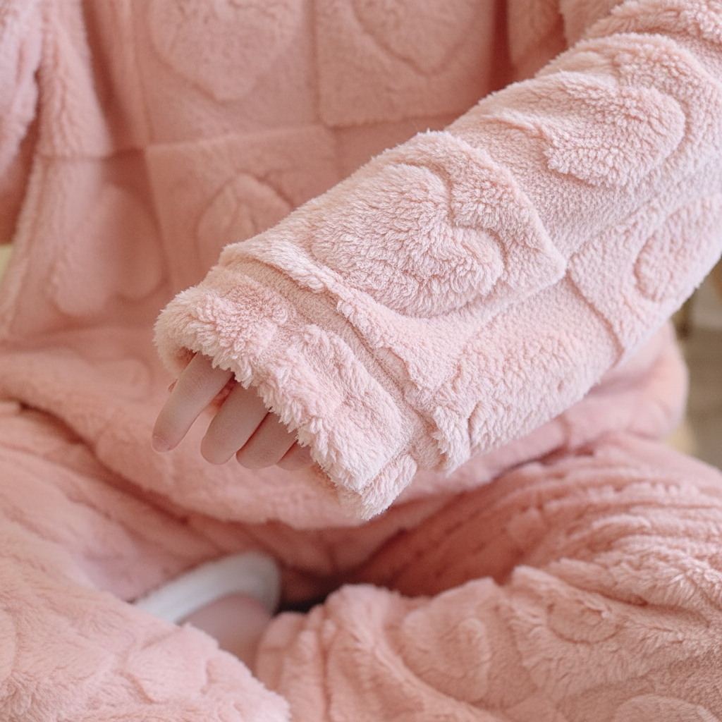 Warm lounge pyjama set with soft plush surface and heart texture